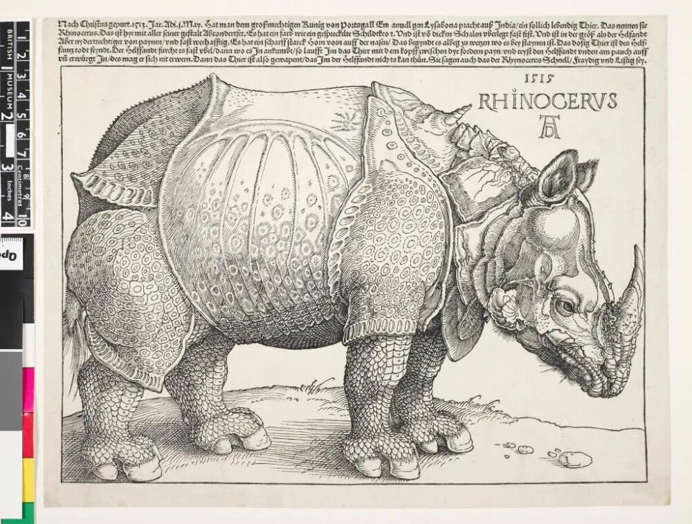 阿布雷特·丢勒
（Albrecht Dürer）
《犀牛》（Rhinocerus）
1515年，木刻版画，21.2cmx29.6cm
大英博物馆
