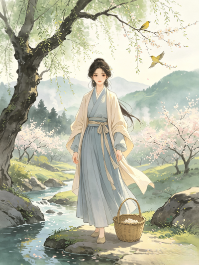 老树深深俯碧泉，隔林依约起炊烟。再添一个黄鹂语，便是江南二月天。