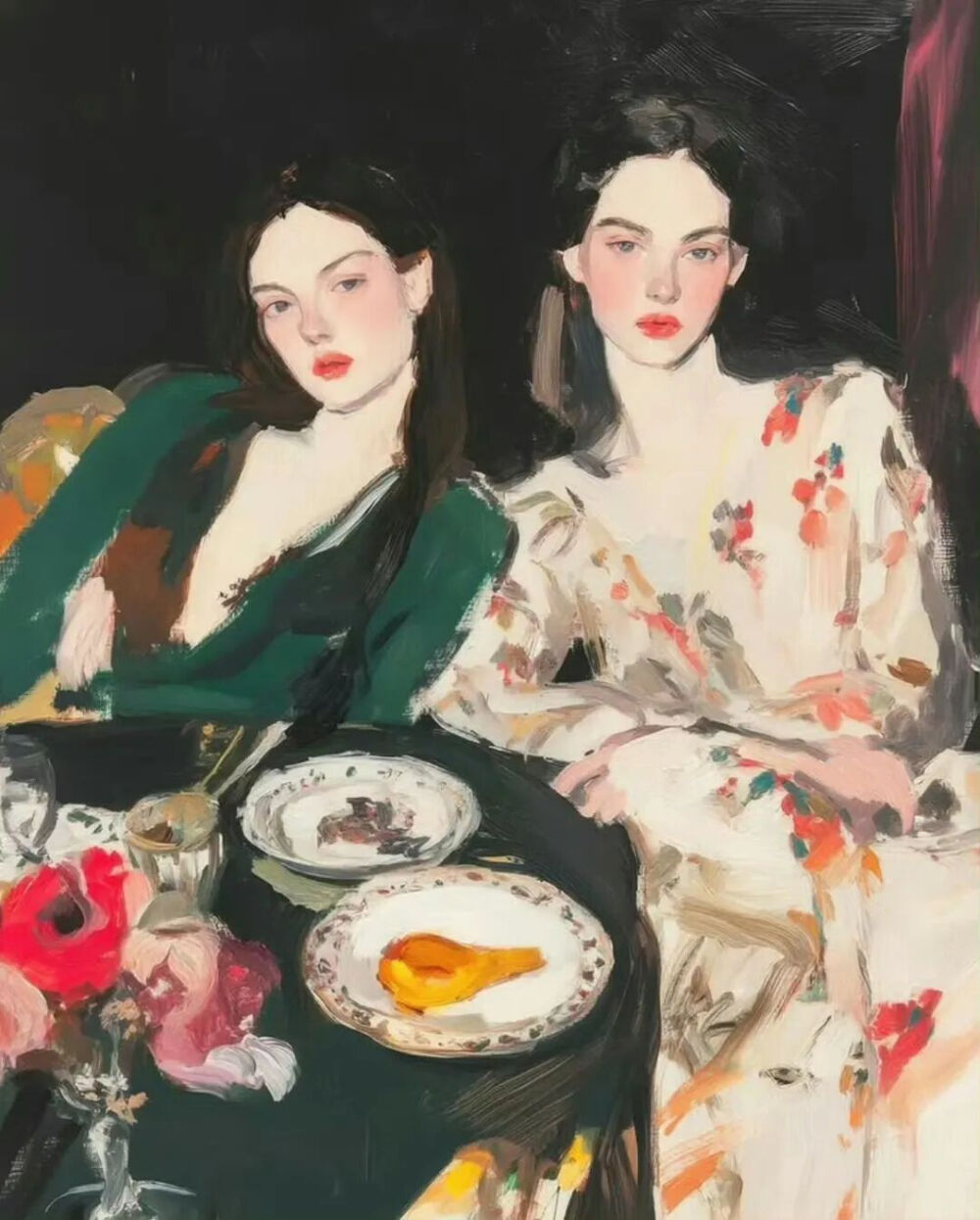 《晚宴》Dinner Party
凯蒂·珍妮·伍德（Katie Jeanne Wood）
约2020年；尺寸未知；画布油画