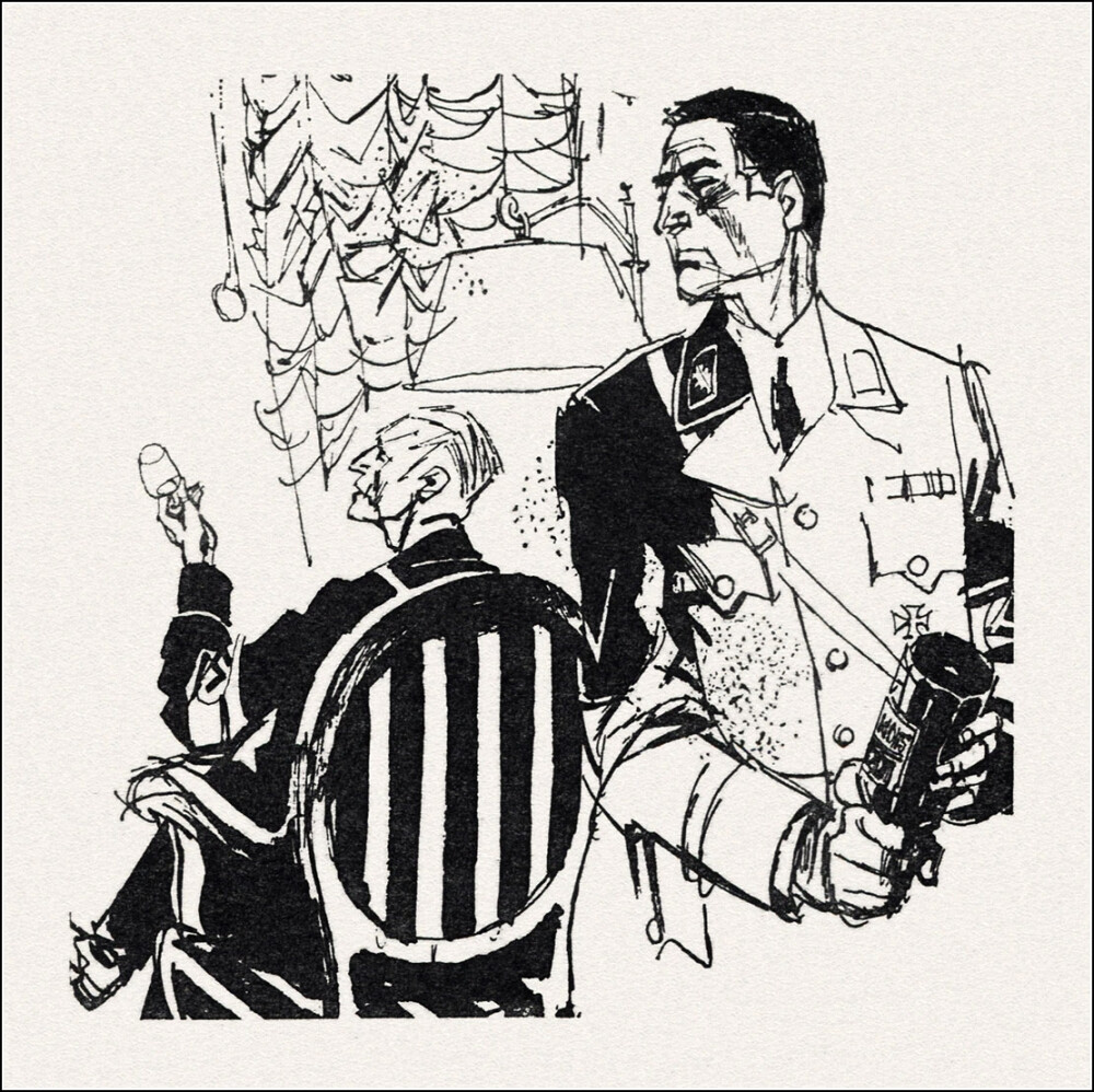 俄罗斯插画家 Gennady Novozhilov(1936-2007) 为前苏联谍战小说《春天里的十七个瞬间》创作的插图。Gennady Novozhilov的画风极具辨识度，线条灵动自由，常带有速写般的生动感。他擅长运用水墨般的黑白对比和富有表现力的变形手法，为文学经典构建出充满象征、怪诞与戏剧张力的超现实世界，画面情感浓烈，哲学意味深刻。