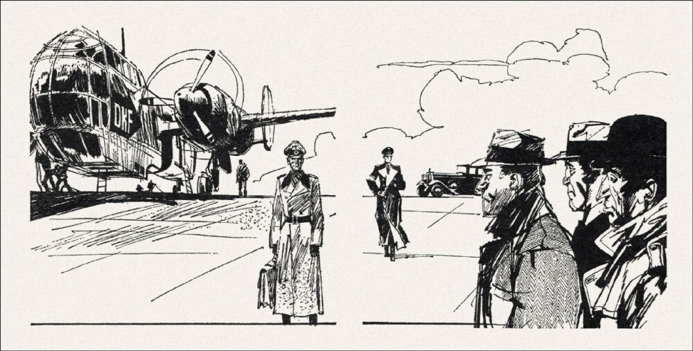 俄罗斯插画家 Gennady Novozhilov(1936-2007) 为前苏联谍战小说《春天里的十七个瞬间》创作的插图。Gennady Novozhilov的画风极具辨识度，线条灵动自由，常带有速写般的生动感。他擅长运用水墨般的黑白对比和富有表现力的变形手法，为文学经典构建出充满象征、怪诞与戏剧张力的超现实世界，画面情感浓烈，哲学意味深刻。