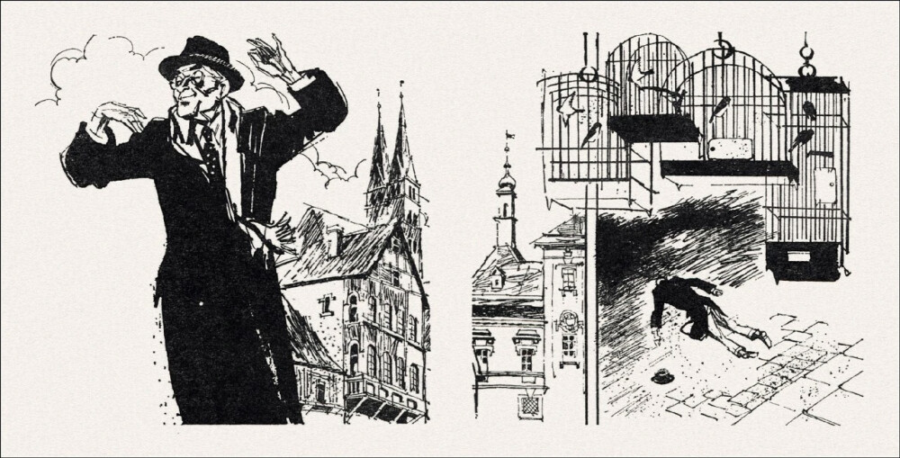 俄罗斯插画家 Gennady Novozhilov(1936-2007) 为前苏联谍战小说《春天里的十七个瞬间》创作的插图。Gennady Novozhilov的画风极具辨识度，线条灵动自由，常带有速写般的生动感。他擅长运用水墨般的黑白对比和富有表现力的变形手法，为文学经典构建出充满象征、怪诞与戏剧张力的超现实世界，画面情感浓烈，哲学意味深刻。