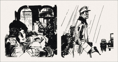俄罗斯插画家 Gennady Novozhilov(1936-2007) 为前苏联谍战小说《春天里的十七个瞬间》创作的插图。Gennady Novozhilov的画风极具辨识度，线条灵动自由，常带有速写般的生动感。他擅长运用水墨般的黑白对比和富有表…