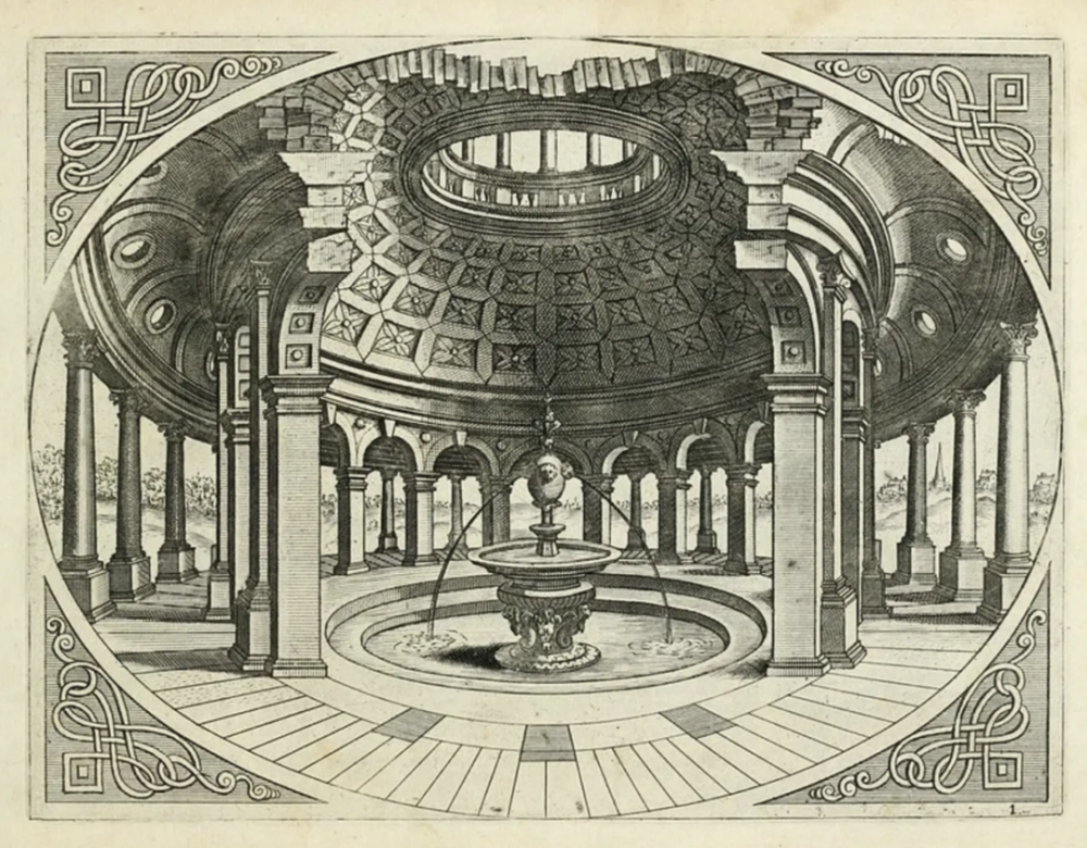 几何学家的艺术，出自汉斯·弗雷德曼·德·弗里斯（Hans Vredeman de Vries）的《建筑的各种形式》（Various Forms of Architecture，1636年）。
