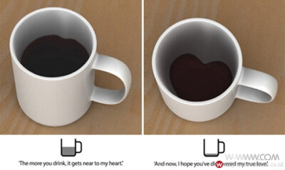 Cup Love，越深越爱的咖啡杯.这只杯子，乍看起来与普通的咖啡杯并无异处，在装满咖啡的时候也是. 但是随着你喝掉越来越多的咖啡，一个心形的图案会在杯底逐渐呈现出来<a class='shortlnk' href='/s/05c04198' target…