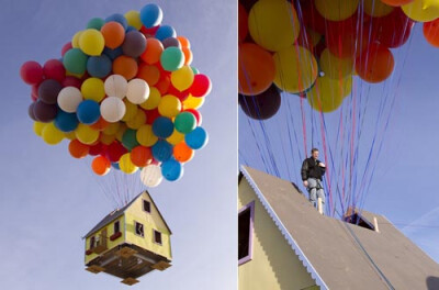 现实版飞屋环游记哦~增可爱~3月5日，美国国家地理频道和一个由科学家、工程师、热气球飞行员和志愿者组成的队伍成功将动画电影中的飞屋变成了现实。在300个高度约2.4米的充满氦气的彩色探空气球牵引下，将一个4.8米…