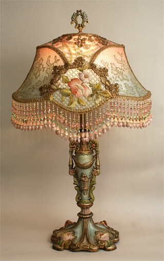 Nightshades - Romantic French Empire Beaded Lampshade detail of victorian ribbon roses <a class='shortlnk' href='/s/036376f4' target='_blank' title='http://www.nightshades.com/detail_lamps/1514.html'>…