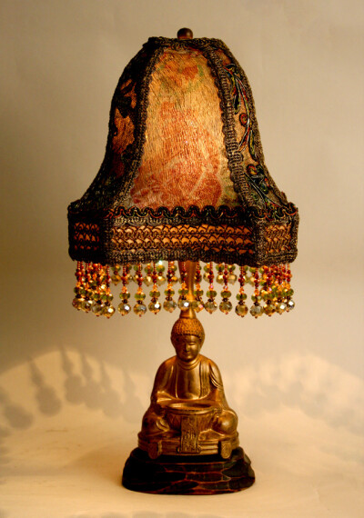 Nightshades - 1920s Buddha Incense lamp victorian lampshade with iris appliques <a class='shortlnk' href='/s/1654b8b2' target='_blank' title='http://www.nightshades.com/detail_lamps/1509.html'>http://…