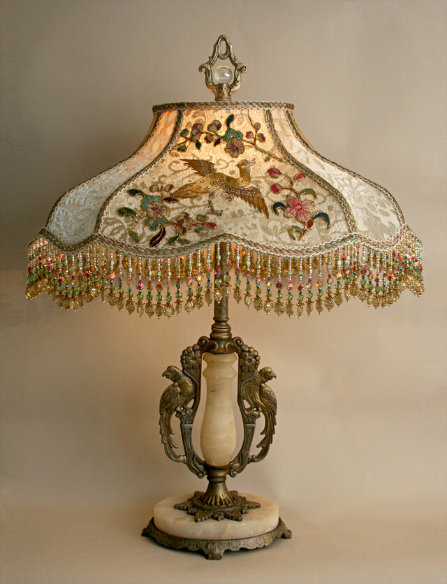 Nightshades - Chinoiserie Beaded Vintage Fabric Bird Lamp victorian lampshade with iris appliques <a class='shortlnk' href='/s/155561c7a' target='_blank' title='http://www.nightshades.com/detail_lamps/1501.html'>http://duitang.com/s/155561c7a</a>