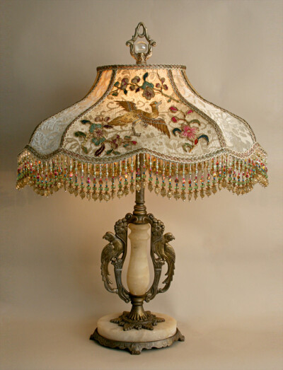Nightshades - Chinoiserie Beaded Vintage Fabric Bird Lamp victorian lampshade with iris appliques <a class='shortlnk' href='/s/155561c7a' target='_blank' title='http://www.nightshades.com/detail_lamps…