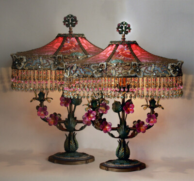 Nightshades - Pair of Shabby Tole Pink Lamps victorian lampshade with iris appliques <a class='shortlnk' href='/s/071708413' target='_blank' title='http://www.nightshades.com/detail_lamps/1500.html'>h…