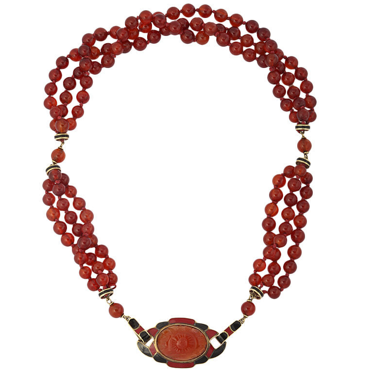 Original Art Deco Necklace Enameled 14KT Gold and Carnelian - Gallery 47 1920年代美国设计的复古项链<a class='shortlnk' href='/s/1674242e2' target='_blank' title='http://jewelry.1stdibs.com/jewelry_item_detail.php?id=28011'>http://duitang.com/s/1674242e2</a>