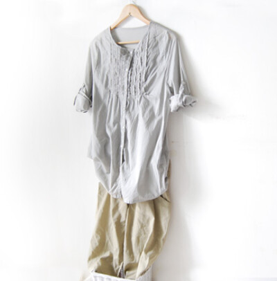 森林系 纯色 棉 衬衫 宽松版 7分袖 中长款