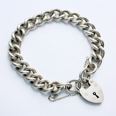  Vintage Heavy Sterling Silver Heart Padlock Charm Bracelet