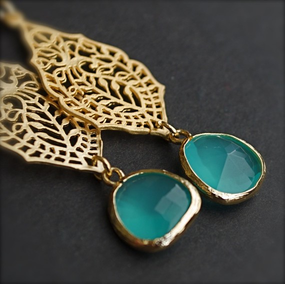 thestellabluegallery FREE SHIPPING-India Inspired Golden Earrings with Lagoon Blue Sea Glass