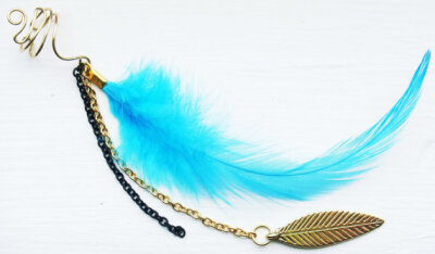 Ear Cuff Feather Chain Leaf Blue Gold Black小清新的羽毛~ 放在书包上很别致