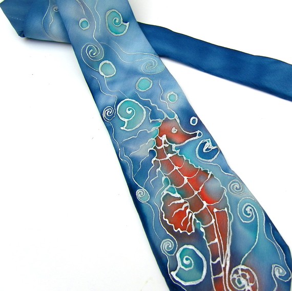 Silk Necktie Men Hand Painted Coral Aqua Azure 海马的领带，男士的时尚选择