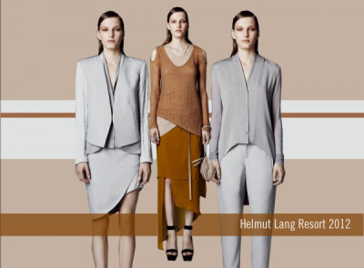 Black, white and grey seasoned with a dash of turmeric carry the palette for Helmut Lang’s tastefully asymmetric looks for Resort 2012. The