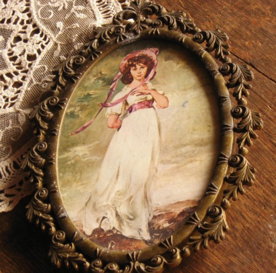 Vintage Framed Print of a Young Girl Ornate Brass 古早欧式画框