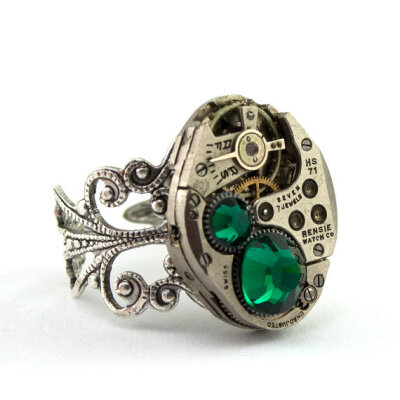 Steampunk Ring GORGEOUS Clockwork Design by LondonParticulars Steampunk Ring - GORGEOUS Clockwork Design with Beautiful Dark Emerald Green S