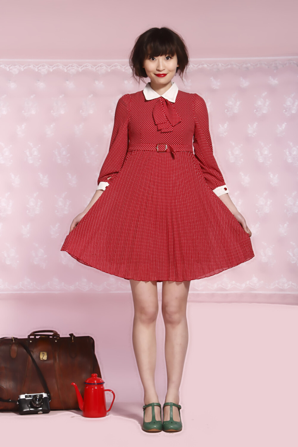 彼得潘 vintage 古董裙 北欧风 酒红色白色翻领波点裙 超小码