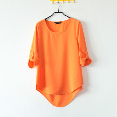 欧美范时尚百搭橘色短袖弧形女款衬衫