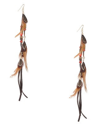 美国forever 21代购，时尚羽毛珠珠 皮绳 耳环