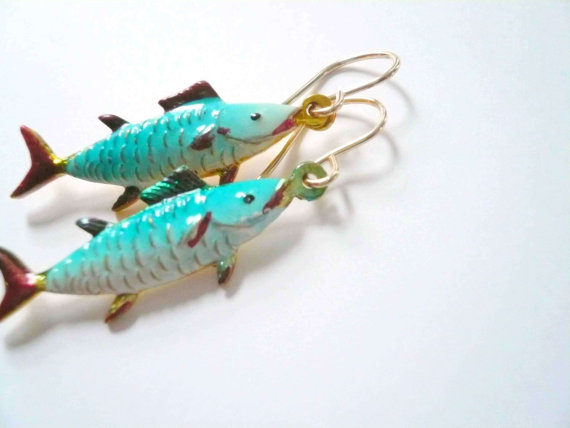 Angler earrings Fun vintage fish pendants on 14K gold by minusOne Angler earrings. Fun vintage fish pendants on 14K gold fill earwires.