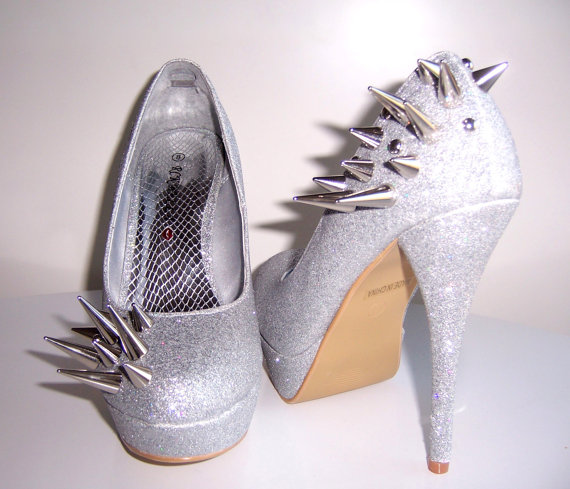 Asymmetrical Spiked Pumps Silver Glitter by VileBroccoliFur Asymmetrical Spiked Pumps - Silver Glitter