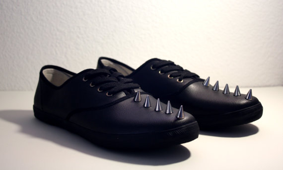 Spiked Stripe Faux Leather Plimsolls Black by VileBroccoliFur Spiked Stripe Faux Leather Plimsolls - Black