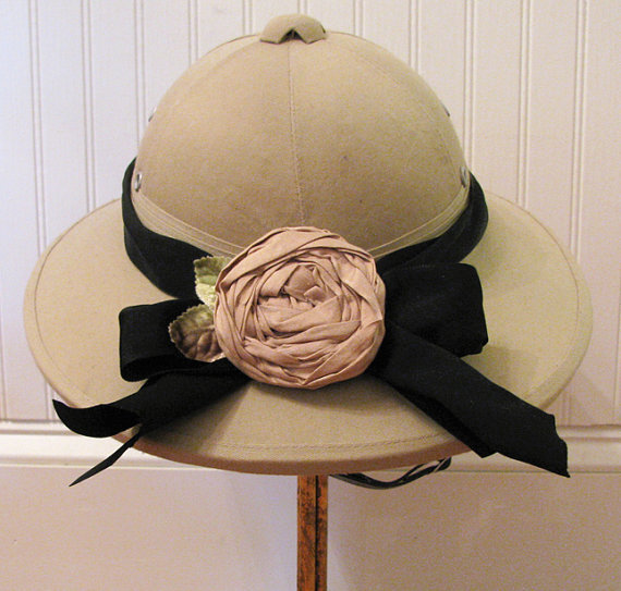 pith helmet with silk ribbon and rose by marykaiser on Etsy pith helmet with silk ribbon and rose