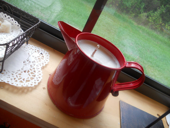 Natural Soy candle in mini red tin pitcher by CakeFaceSoaping Natural Soy candle in mini red tin pitcher