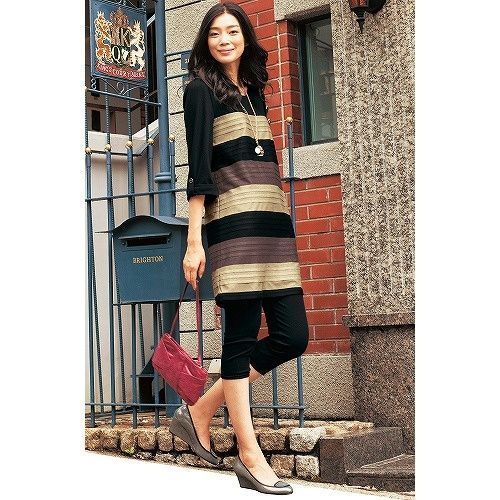 正品日本代购 千趣会提花撞色条纹拼接时尚洋气七分袖日式连衣裙