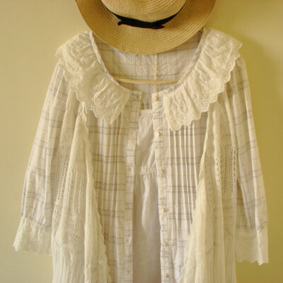 出口日单森林系超萌清新格子娃娃翻领蕾丝花边五分袖纯棉衬衫裙