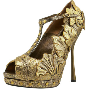 Alexander Mcqueen T-Strap Foliage Platform Pump - 金色立体高跟鞋