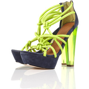 Lectric Blue Suede Fluorescent Heel Knotted Platform Sandals...荧光色绑带高跟鞋