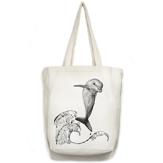 Dolphin Surfer Art Open Top Canvas TOTE Bag