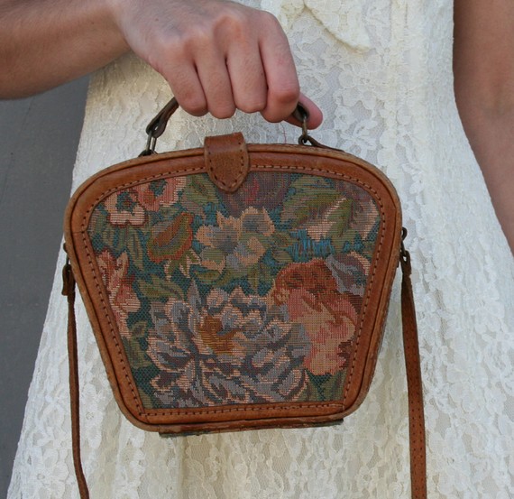 TAPESTRY and Golden Brown Leather 80s Box by luckyvintageseattle TAPESTRY and Golden Brown Leather 80s Box Purse