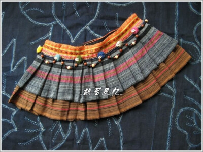 泰国手织麻老绣片装饰短裙