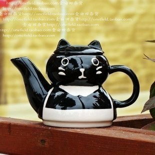 手绘猫厨师咖啡壶 猫咪茶壶