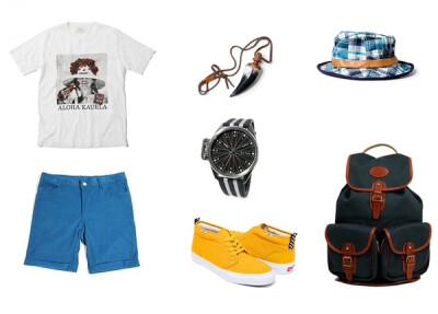 tee为urban research doors，短裤hangloose，鞋子vans，表paul smith，颈绳、帽子hobo，包John Chapman