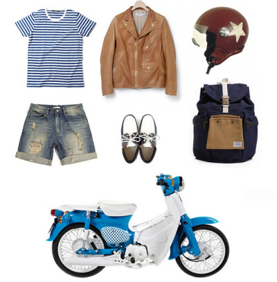 tee 为urban research，皮外套nonnative，头盔Kaciga，短裤hangloose，包Porter for Pointer ，摩托车super-motor-x-colette-super-50100-motorcycle