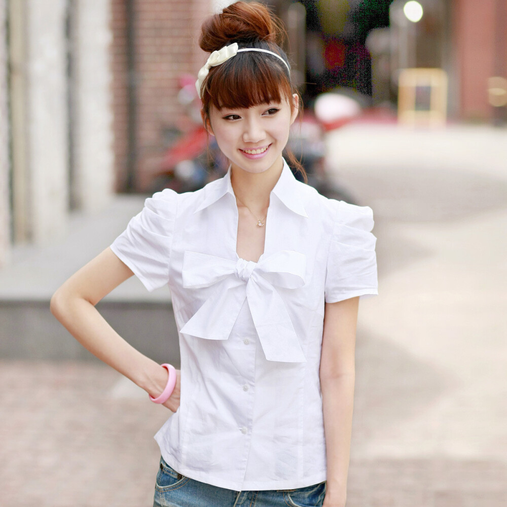 韩版女装夏装系蝴蝶结泡泡袖短袖衬衫女sk100206白色
