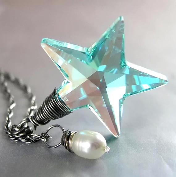 NORTH POLE STAR Necklace Swarovski Antique by DorotaJewelry NORTH POLE STAR Necklace, Swarovski Antique Aquamarine Teal Crystal, Sterling Si