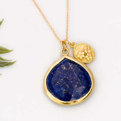 18K Vermeil Flower Charm Necklace with bezel by DelezhenCharmed 18K Vermeil Flower Charm Necklace with bezel set Natural Blue Lapis drop in