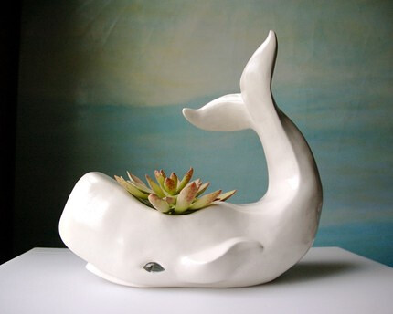 Vintage Whale Planter in White Ceramic