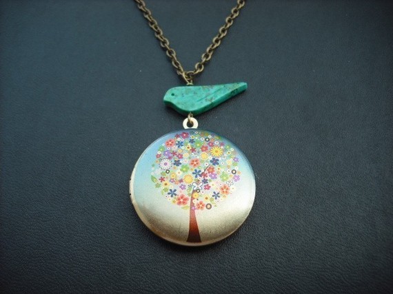 flower tree locket with turquoise bird necklace by Lana0Crystal flower tree locket with turquoise bird necklace