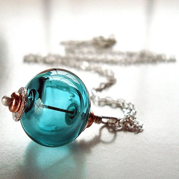 Teal Lampwork Hollow Sterling Silver Necklace by GlitzGlitter