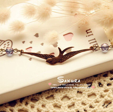 Sakura●手工●红铜燕子+紫色水晶珠 手链『复古』