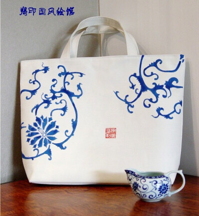 天青。2011新款中国风原创布艺手工手绘帆布包。